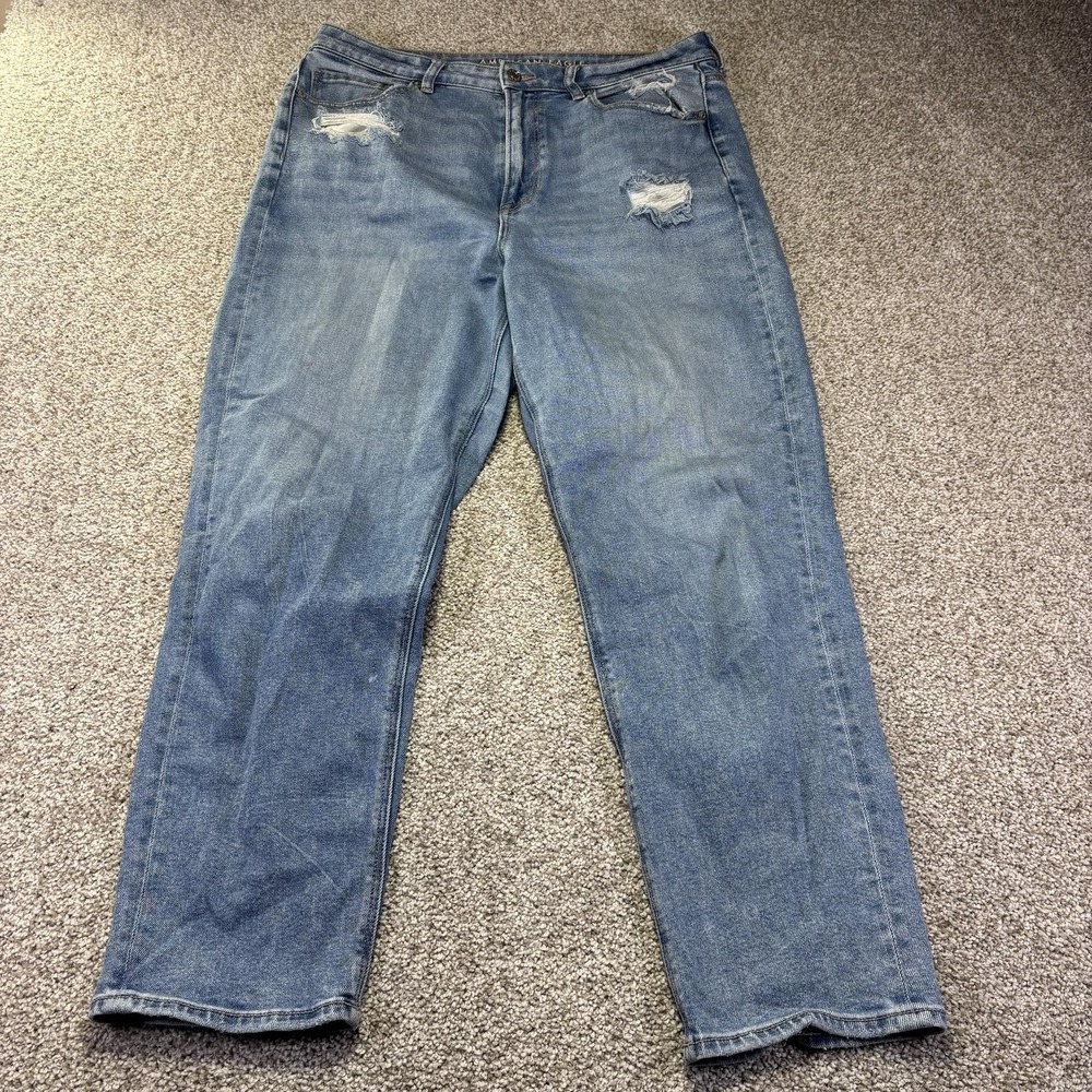 American Eagle Mom Straight Jeans Womens 14 Blue High Rise Distressed Stretch